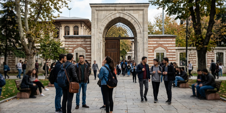 Üniversite kampüsünde yürüyen ve sohbet eden genç öğrenciler.