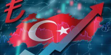 Türkiye haritası ve Türk bayrağı üzerinde yükselen kırmızı borsa oku.