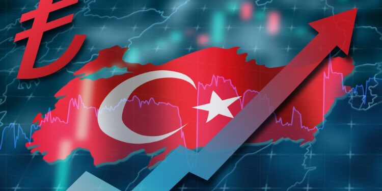 Türkiye haritası ve Türk bayrağı üzerinde yükselen kırmızı borsa oku.