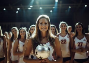 Elinde voleybol topu tutan gülümseyen kadın voleybolcu ve arkasında takım arkadaşları.