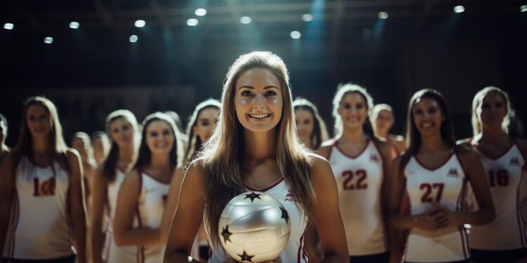 Elinde voleybol topu tutan gülümseyen kadın voleybolcu ve arkasında takım arkadaşları.