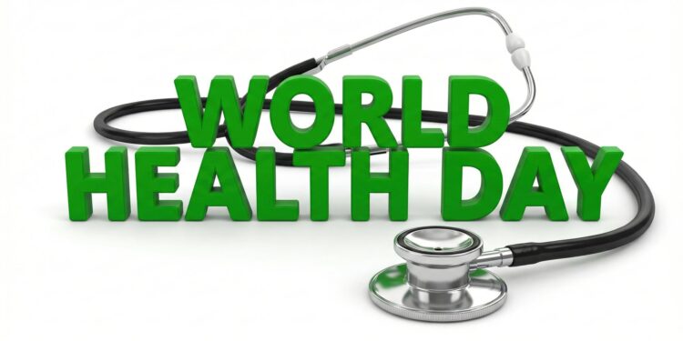 Beyaz zemin üzerinde yeşil World Health Day yazısı ve stetoskop.