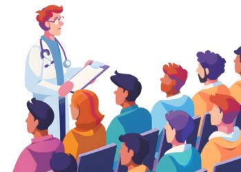 Beyaz önlüklü doktor klipboard tutarak öğrencilere sağlık eğitimi anlatıyor