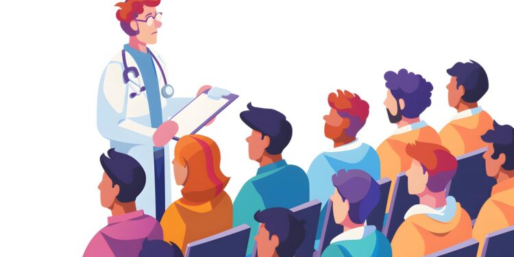 Beyaz önlüklü doktor klipboard tutarak öğrencilere sağlık eğitimi anlatıyor