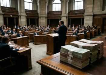 Meclis kürsüsünde konuşan bir siyasetçi ve ön planda para desteleri.