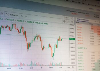Bilgisayar ekranında finansal piyasa grafikleri ve yeşil kırmızı mum çubukları.