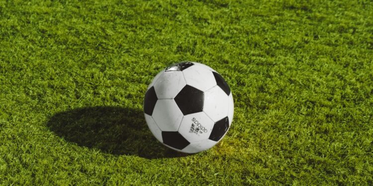 Çim saha üzerinde duran siyah beyaz klasik futbol topu.