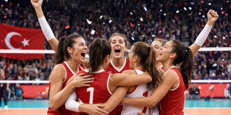 Kırmızı formalı voleybolcu kadınların birbirine sarılarak sevinç kutlaması yaptığı an