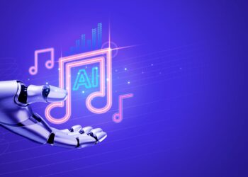Yapay zeka müzik notaları ve neon ışıklı dijital müzik teması