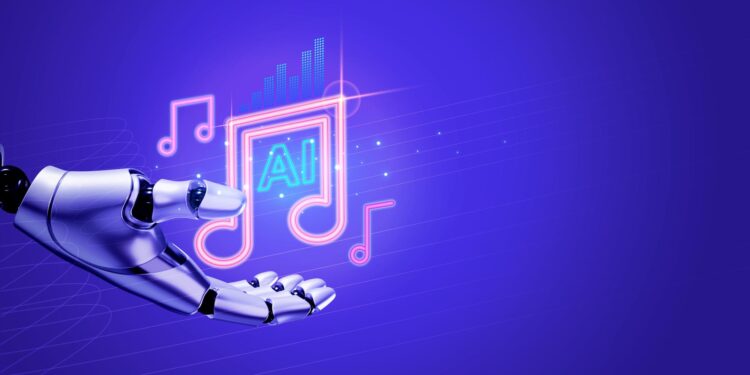 Yapay zeka müzik notaları ve neon ışıklı dijital müzik teması
