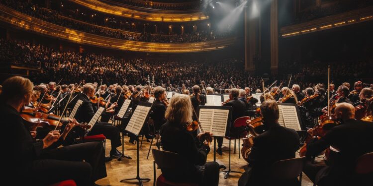 Görkemli bir salonda büyük bir senfoni orkestrası ve şefin performansı.