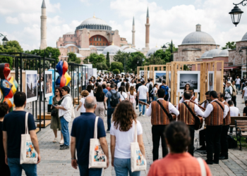 Tarihi meydanda düzenlenen açık hava sanat festivalini ziyaret eden kalabalık bir kalabalık.