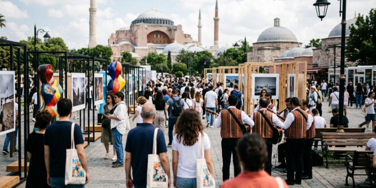 Tarihi meydanda düzenlenen açık hava sanat festivalini ziyaret eden kalabalık bir kalabalık.