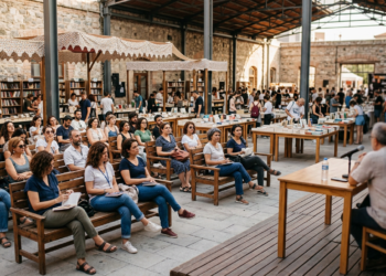 Tarihi bir mekanda düzenlenen edebiyat festivali söyleşisini izleyen katılımcılar.