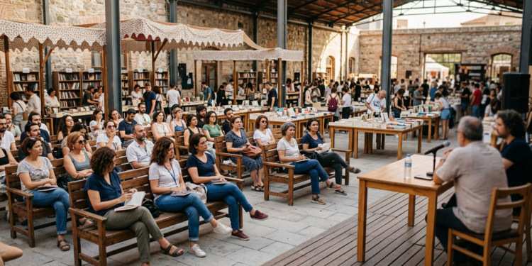 Tarihi bir mekanda düzenlenen edebiyat festivali söyleşisini izleyen katılımcılar.