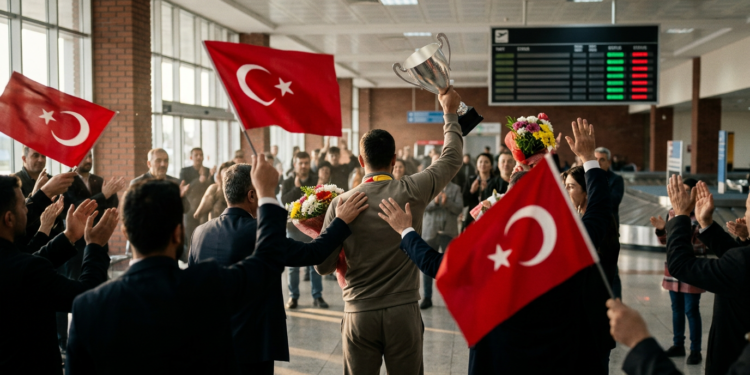 Kastamonu Havalimanı'nda Türk bayrakları eşliğinde kupa kaldıran şampiyon sporcunun coşkulu karşılanma anı.