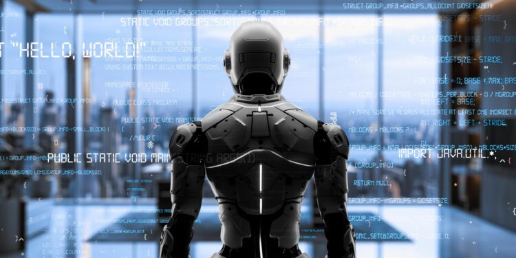 Arkasında kodlar ve yazılar bulunan parlak ışıklı odadaki robot.