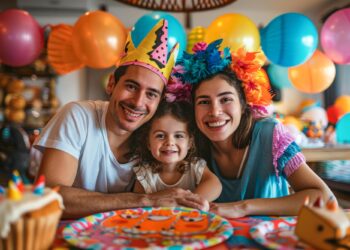 Doğum günü partisinde birlikte şapka takan mutlu bir aile