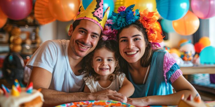 Doğum günü partisinde birlikte şapka takan mutlu bir aile