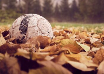 Sonbahar yaprakları arasında yerde duran eski ve çamurlu futbol topu
