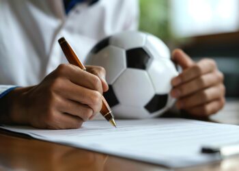 Futbol topunun yanında evrak imzalayan bir kişinin elleri görünüyor.