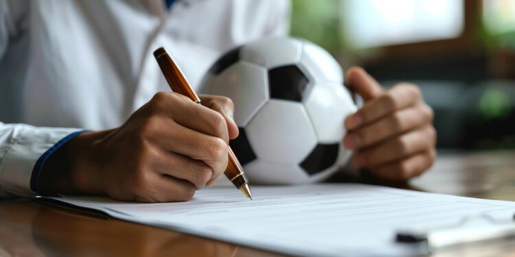 Futbol topunun yanında evrak imzalayan bir kişinin elleri görünüyor.