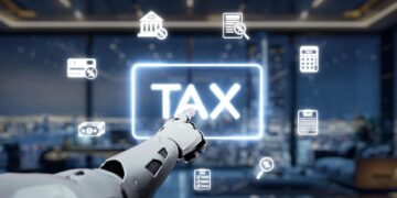 Robot eli vergi simgesine dokunuyor, arka planda dijital grafikler var.