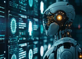 Dijital ekranların önünde duran fütüristik yapay zeka robotu ve veri grafikleri.