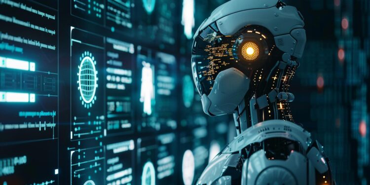 Dijital ekranların önünde duran fütüristik yapay zeka robotu ve veri grafikleri.